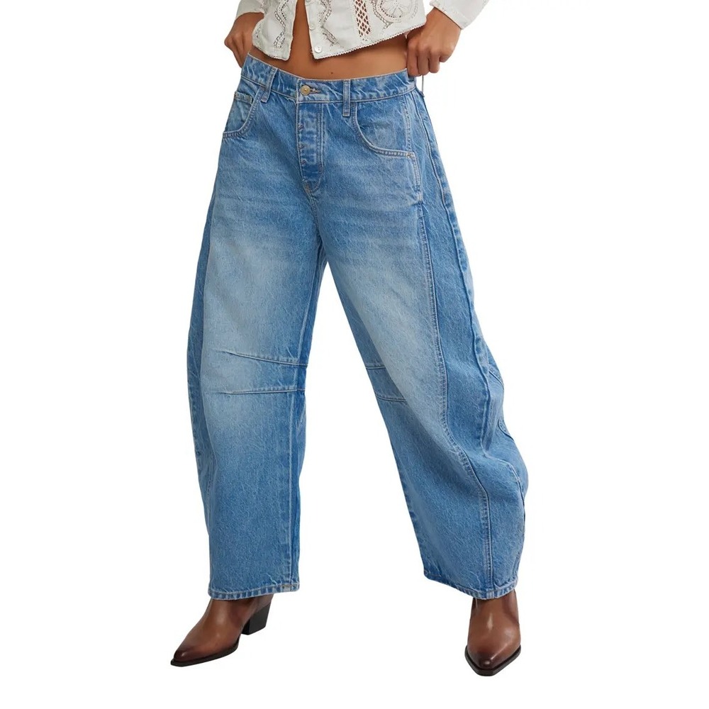 Free People We The Free Good Luck Mid-Rise Barrel Jeans Blue 27 Button Fly